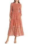 Melloday Floral Long Sleeve Smocked Maxi Dress In Red Floral