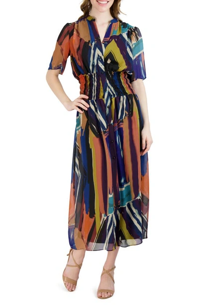Donna Ricco Abstract Stripe Shirred Short Sleeve Midi Dress In Blue