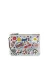 ANYA HINDMARCH STICKER-PRINT METALLIC LEATHER POUCH, SILVER,PROD124570066