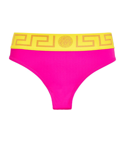 Versace Greca Border Triangle Bikini Bottoms In Fuchsia Yellow