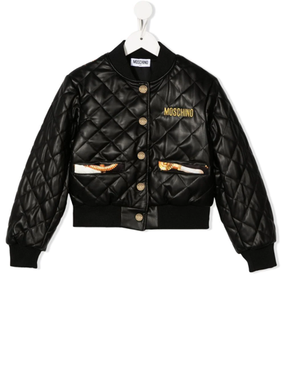 Moschino Kids Black Printed Faux-leather Jacket In Var. 60100 Black