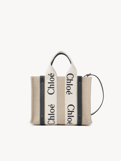 Chloé Petit Sac Cabas Woody En Toile De Lin Femme Blanc Taille Onesize 100% Lin, Cuir De Veau, Polyester