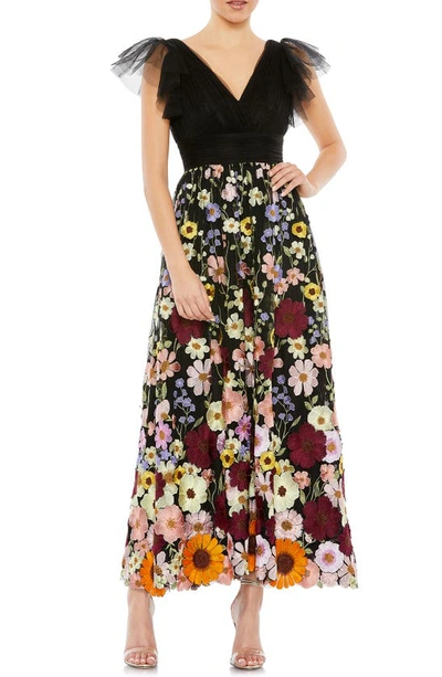 Mac Duggal Embroidered Floral Tulle Midi-dress In Black Multi