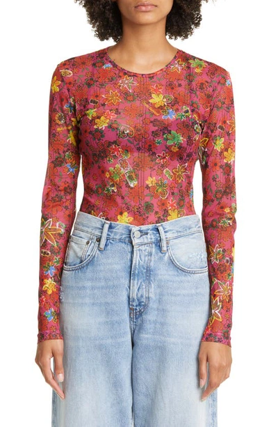 Molly Goddard Floral Print Long Sleeve Mesh Top In Multicolour