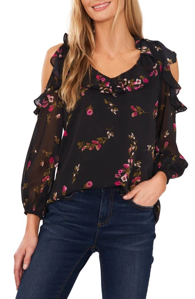 Cece Ruffled Floral Cold Shoulder Blouse In Rich Black