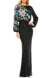 Mac Duggal Embellished Multi Color Floral High Neck Gown In Black Multi
