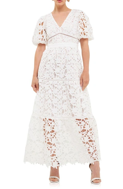 Endless Rose Puff Sleeve Tiered Lace Maxi Dress In White