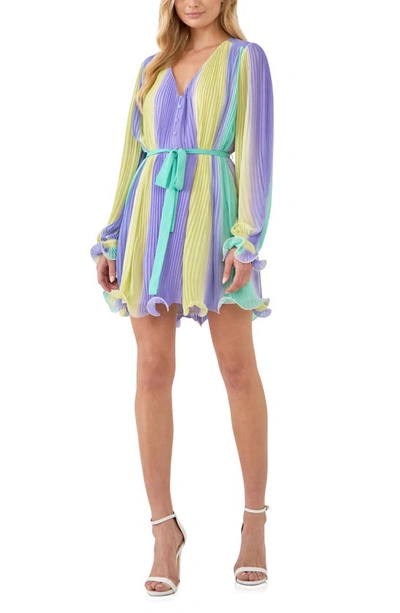 Endless Rose Stripe Pleated Long Sleeve Minidress In Multi