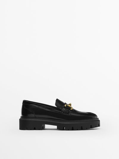 Massimo Dutti Leather Loafers With Super Track Soles In Black