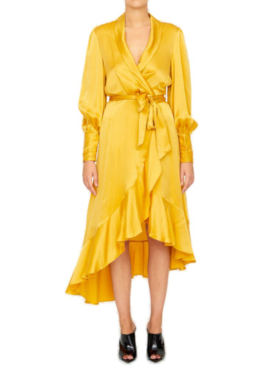Zimmermann Asymmetric Silk Satin Wrap Dress In Yellow