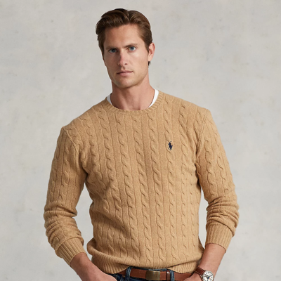 Polo Ralph Lauren Beige Cable Knit Crewneck Sweater With Pony Embroidery On The Front In Wool And Cashmere Man In Nude