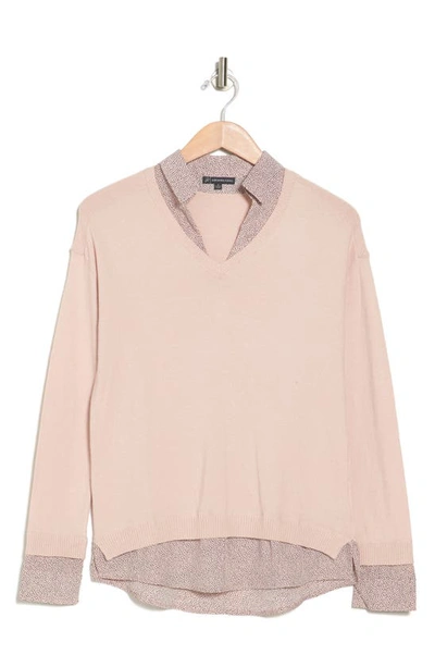Adrianna Papell Twofer V-neck Sweater In Pearl Blush Micro Dot