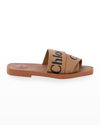 Chloé Woody Flat Logo Ribbon Slide Sandals In Grove Brown