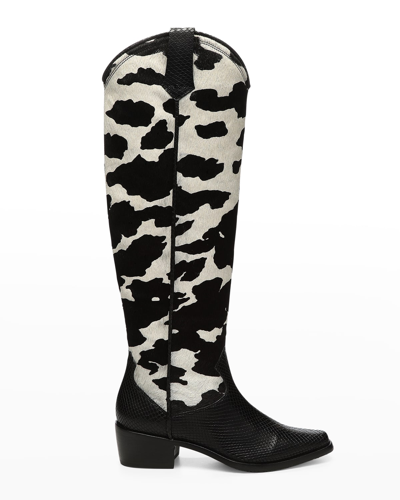 Donald J Pliner Marinaeh Cow-print Knee Boots In Bone-black