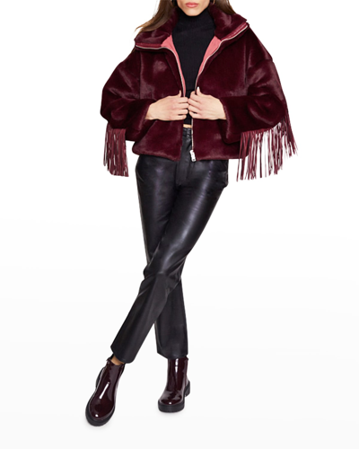 Blue Revival Dancing In The Moonlight Vegan Fur Jacket With Faux Leather Fringe In Midnight Merlot