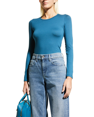 Majestic Soft Touch Flat-edge Long-sleeve Crewneck Top In Blue Paon