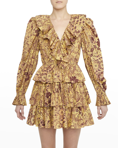 Ulla Johnson Lola Tiered Ruffled Printed Cotton-poplin Mini Dress In Amber
