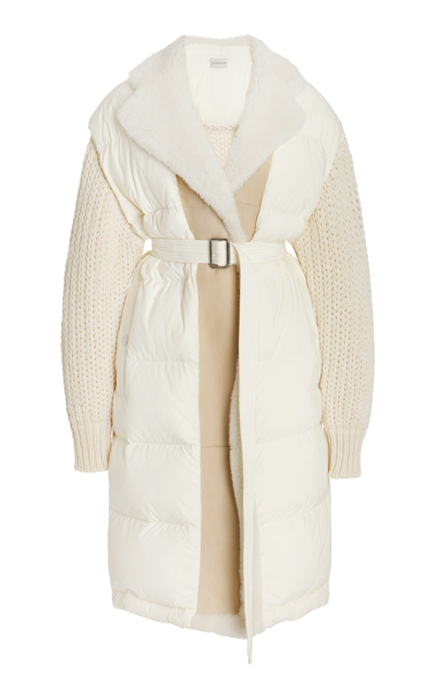 Moncler Shearling-trimmed Down-detailed Wool-blend Long Cardigan In White