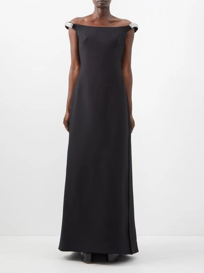 Valentino Crystal-embellished Off-the-shoulder Slit Crepe Gown In Black