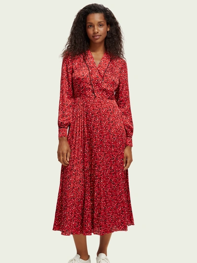 Scotch & Soda Long-sleeved Pleated Midi Dress In Red