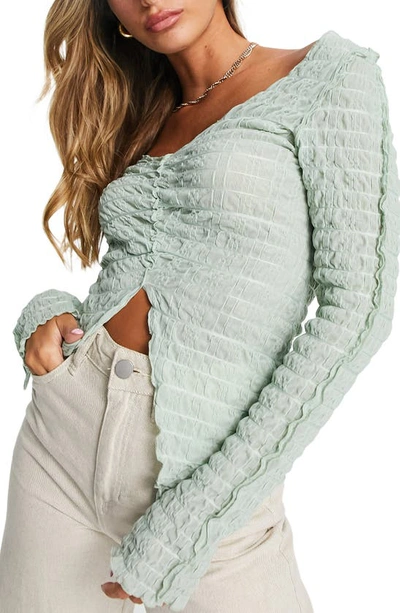 Topshop Textured Long Sleeve V Neck Top In Green-white
