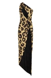 Attico Abito Animal Print One-shoulder Midi Dress In Black/ Brown