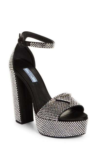 Prada Plateau Crystal Ankle Strap Platform Sandal In Cristal