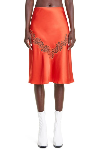 Stella Mccartney Main Lace-embroidered Satin Midi Skirt In Orange
