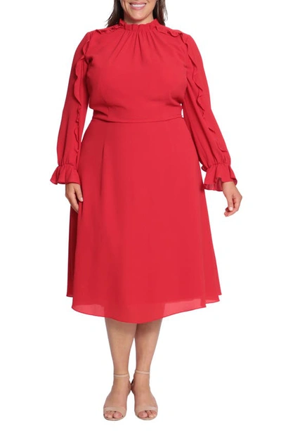 Donna Morgan Ruffle Long Sleeve Dress In Cherry