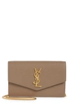 Saint Laurent Uptown Pebbled Calfskin Leather Wallet On A Chain In Taupe