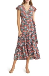 Melloday Floral Print Flutter Sleeve Faux Wrap Midi Dress In Red/ Blue Floral
