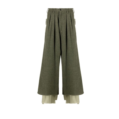 Sulvam Green Cropped Wide Leg Wool Trousers