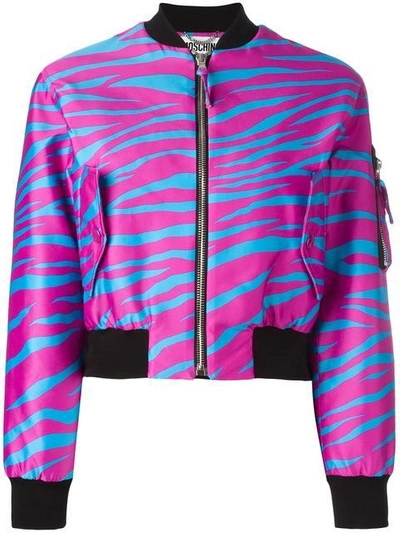Moschino Tiger Stripes Print Twill Bomber Jacket In Purple