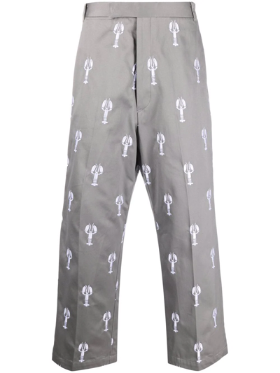 Thom Browne Lobster-embroidered Satin Trousers In Grey