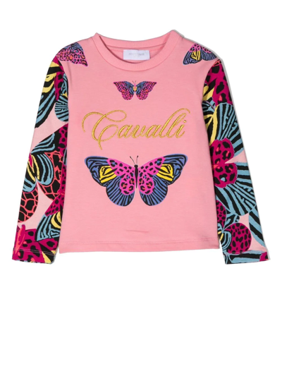 Roberto Cavalli Junior Kids' Butterfly-print Long-sleeve Top In Pink