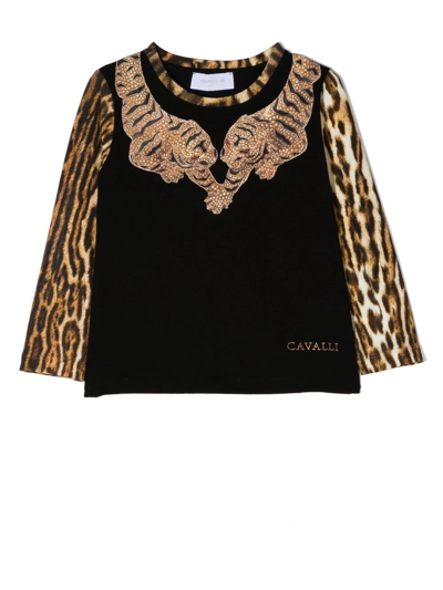Roberto Cavalli Junior Tiger-print Long-sleeve Top In Black