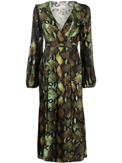 Roberto Cavalli Snakeskin-print Lace-up Midi Dress In Naturalemilitare