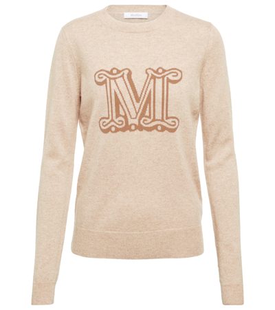 Max Mara Beige Cashmere Sweater With Logo Embroidery In Neutro