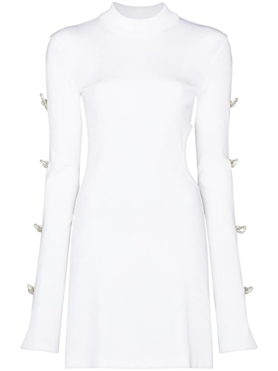 Mach & Mach Mach And Mach Crystal Bow Long Sleeve Cutout Knit Minidress In White