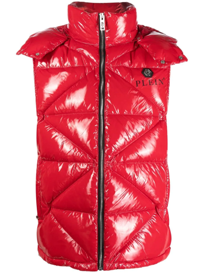 Philipp Plein High-shine Quilted Gilet Jacket In Red