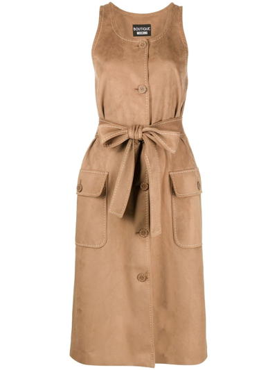 Boutique Moschino Sleeveless Belted Shirt Dress In Brown