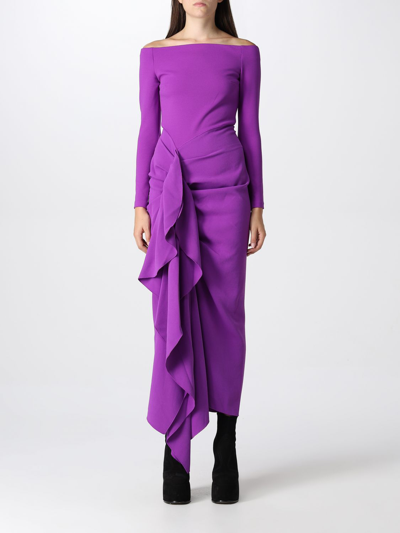 Solace London Purple Lotus Off-the-shoulder Draped Midi Dress In Violet