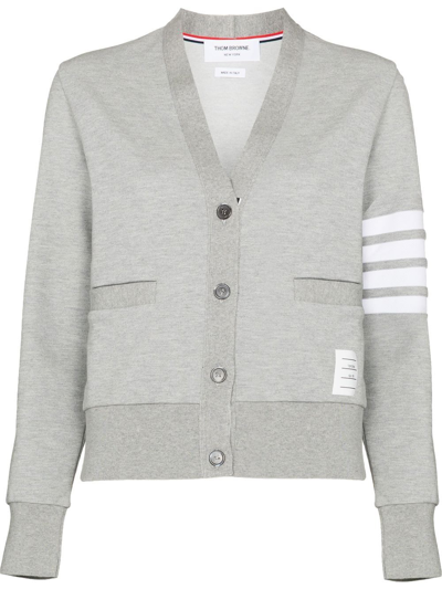 Thom Browne Four Bar Stripe Cotton Blend Knit V-neck Cardigan In Grey