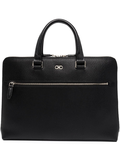 Ferragamo Gancini Leather Business Bag In Schwarz