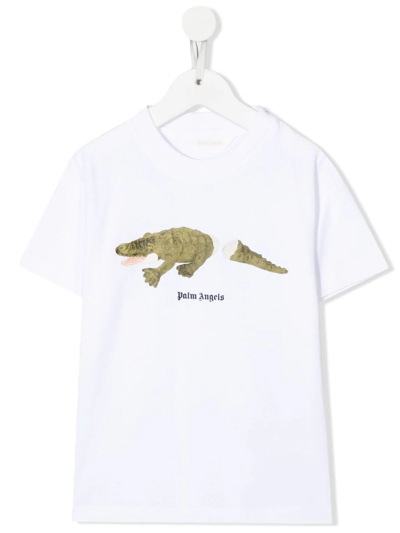 Palm Angels Crocodile-print Cotton T-shirt In Weiss