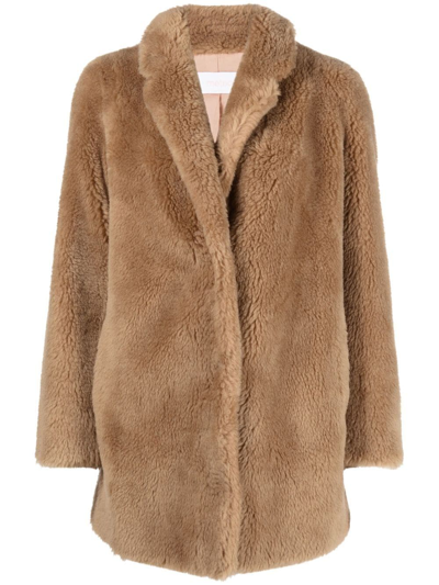 Yves Salomon Meteo Fitted Faux-fur Button Coat In Nude