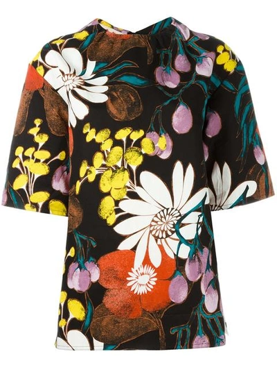 Marni Floral Print Cotton & Linen Drill Top In Multicolor