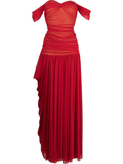 Norma Kamali Walter Goddess Draped Off-the-shoulder Gown In Red