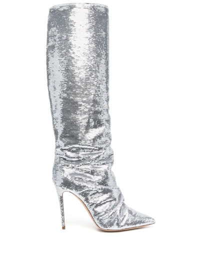 Casadei Silver-tone Sequin Boots In Grau