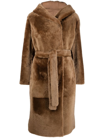 Yves Salomon Reversible Hooded Shearling Coat In Braun